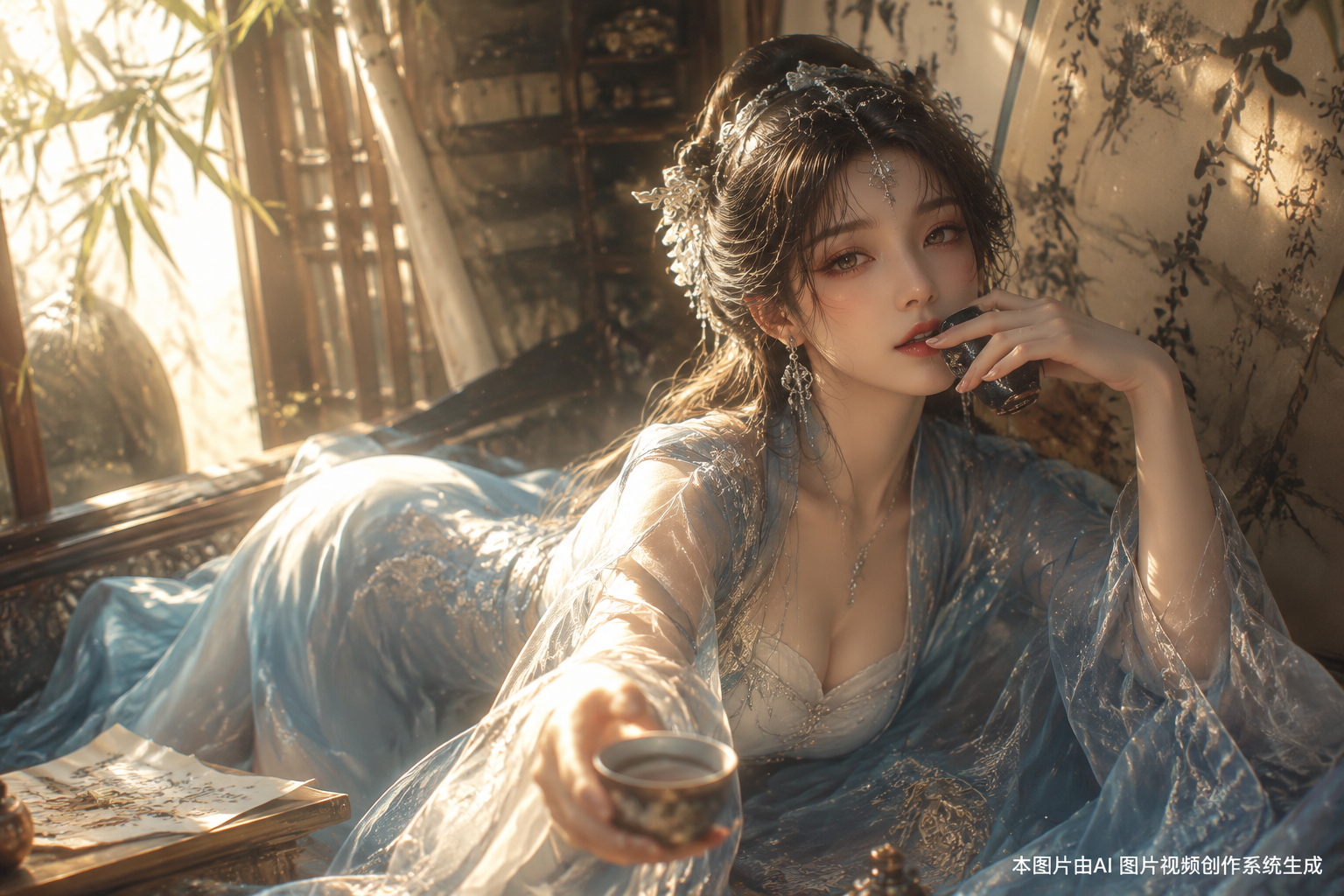 诗意东方微醺美人，古典汉服女子，轻纱蓝衣似云似雾， 乌发如瀑银饰轻摇，慵懒抬眸，朱唇轻触杯沿， 递酒邀请姿态，含蓄东方情欲美学， 文人雅室，墨香四溢，竹影婆娑，卷轴飘零， 午后暖阳斜照，光尘浮动，时间凝滞之感， 电影级光照，柔光与硬影交织，半透明材质渲染， 概念艺术风格，东方幻想美学，极致细节，8K，壁纸级画质 在图片右下角添加水印：本图片由AI 图片视频创作系统生成